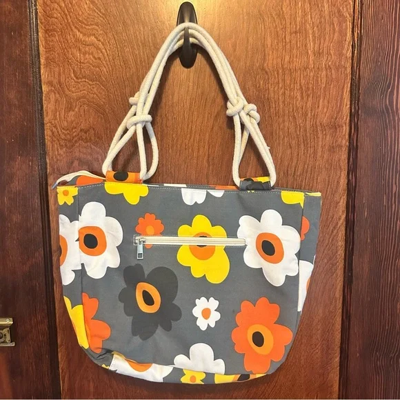 Vibrant Floral Tote Bag in Gray and Orange - Picture 2 of 8